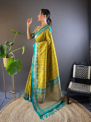 Rajwada Olive Woven Design Soft Silk Saree With Unstitched Blouse For Women