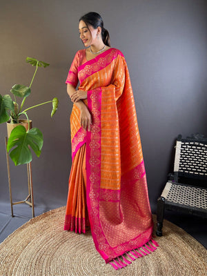 Rajwada Orange Woven Design Soft Silk Saree With Unstitched Blouse For Women