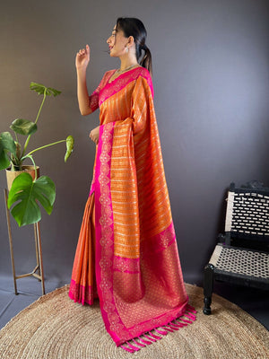Rajwada Orange Woven Design Soft Silk Saree With Unstitched Blouse For Women