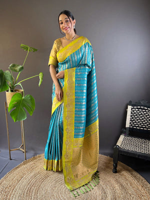 Rajwada Teal Woven Design Soft Silk Saree With Unstitched Blouse For Women