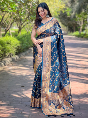 Rajwada Navy Blue Woven Design Silk Blend Saree With Unstitched Blouse For Women