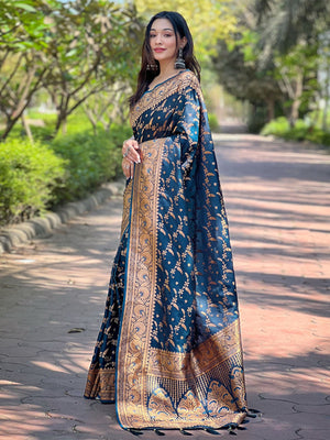 Rajwada Navy Blue Woven Design Silk Blend Saree With Unstitched Blouse For Women