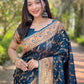 Rajwada Navy Blue Woven Design Silk Blend Saree With Unstitched Blouse For Women