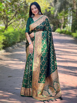 Rajwada Green Woven Design Silk Blend Saree With Unstitched Blouse For Women