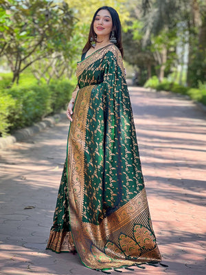 Rajwada Green Woven Design Silk Blend Saree With Unstitched Blouse For Women