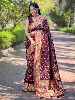 Rajwada Maroon Woven Design Silk Blend Saree With Unstitched Blouse For Women