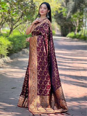 Rajwada Maroon Woven Design Silk Blend Saree With Unstitched Blouse For Women
