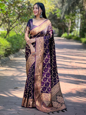 Rajwada Purple Woven Design Silk Blend Saree With Unstitched Blouse For Women