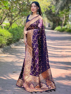 Rajwada Purple Woven Design Silk Blend Saree With Unstitched Blouse For Women