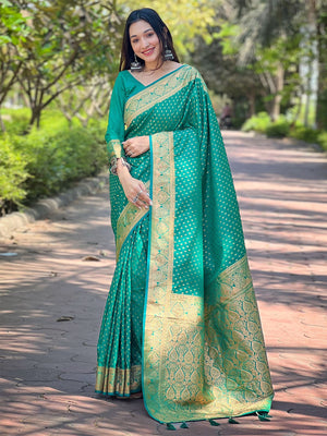 Rajwada Sea Green Woven Design Silk Blend Saree With Unstitched Blouse For Women