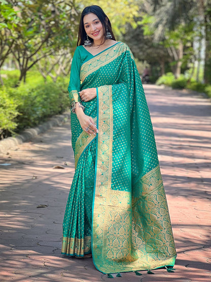 Rajwada Sea Green Woven Design Silk Blend Saree With Unstitched Blouse For Women