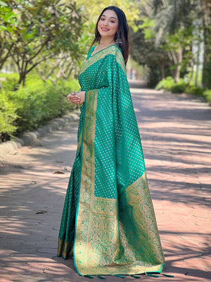 Rajwada Sea Green Woven Design Silk Blend Saree With Unstitched Blouse For Women