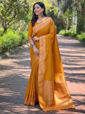 Rajwada Mustard Woven Design Silk Blend Saree With Unstitched Blouse For Women