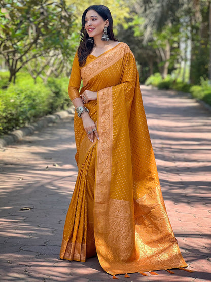 Rajwada Mustard Woven Design Silk Blend Saree With Unstitched Blouse For Women
