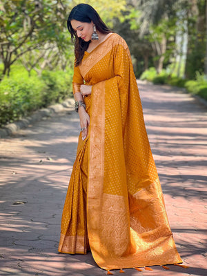 Rajwada Mustard Woven Design Silk Blend Saree With Unstitched Blouse For Women