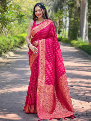 Rajwada Pink Woven Design Silk Blend Saree With Unstitched Blouse For Women