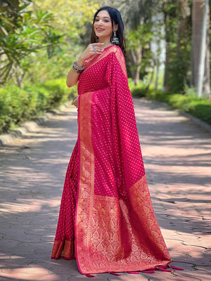 Rajwada Pink Woven Design Silk Blend Saree With Unstitched Blouse For Women