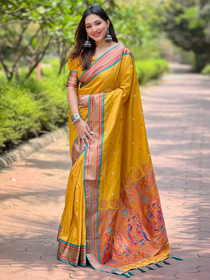 Rajwada Mustard Woven Design Silk Blend Saree With Unstitched Blouse For Women