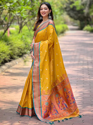 Rajwada Mustard Woven Design Silk Blend Saree With Unstitched Blouse For Women
