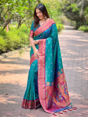Rajwada Teal Woven Design Silk Blend Saree With Unstitched Blouse For Women
