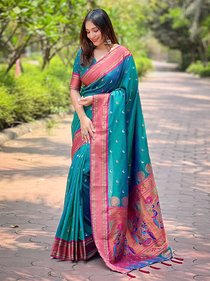 Rajwada Teal Woven Design Silk Blend Saree With Unstitched Blouse For Women