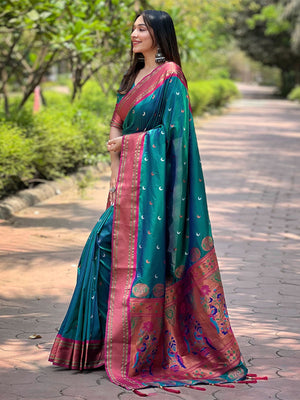 Rajwada Teal Woven Design Silk Blend Saree With Unstitched Blouse For Women