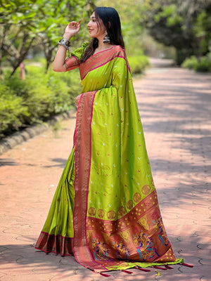 Rajwada Olive Woven Design Silk Blend Saree With Unstitched Blouse For Women