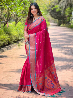 Rajwada Pink Woven Design Silk Blend Saree With Unstitched Blouse For Women