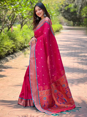 Rajwada Pink Woven Design Silk Blend Saree With Unstitched Blouse For Women