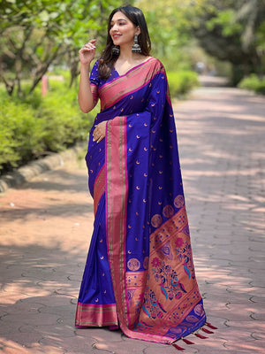 Rajwada Navy Blue Woven Design Silk Blend Saree With Unstitched Blouse For Women