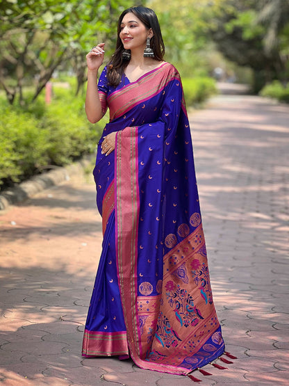 Rajwada Navy Blue Woven Design Silk Blend Saree With Unstitched Blouse For Women