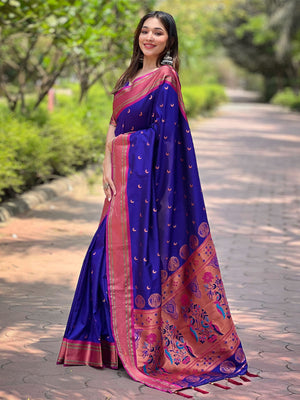 Rajwada Navy Blue Woven Design Silk Blend Saree With Unstitched Blouse For Women