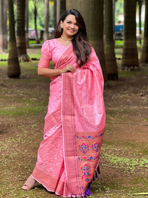 Rajwada Pink Woven Design Silk Blend Saree With Unstitched Blouse For Women