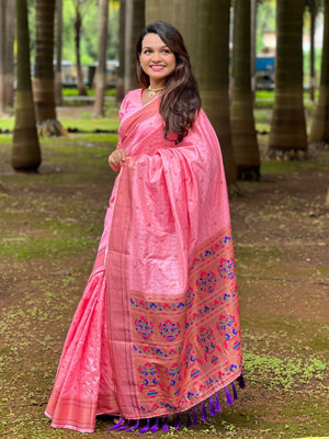 Rajwada Pink Woven Design Silk Blend Saree With Unstitched Blouse For Women