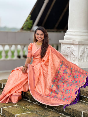 Rajwada Peach Woven Design Silk Blend Saree With Unstitched Blouse For Women