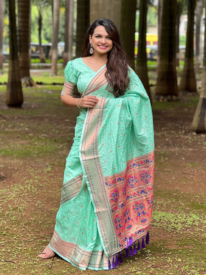 Rajwada Sea Green Woven Design Silk Blend Saree With Unstitched Blouse For Women
