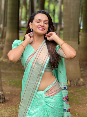 Rajwada Sea Green Woven Design Silk Blend Saree With Unstitched Blouse For Women