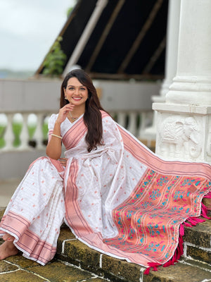 Rajwada White Woven Design Silk Blend Saree With Unstitched Blouse For Women