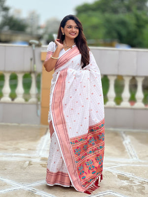 Rajwada White Woven Design Silk Blend Saree With Unstitched Blouse For Women