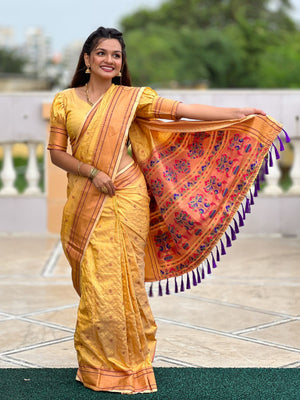Rajwada Mustard Woven Design Silk Blend Saree With Unstitched Blouse For Women