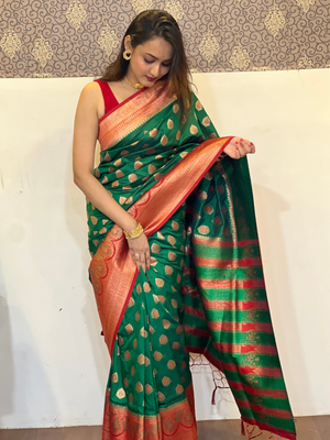 Rajwada Green Woven Design Soft Silk Saree With Unstitched Blouse For Women