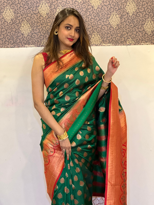 Rajwada Green Woven Design Soft Silk Saree With Unstitched Blouse For Women
