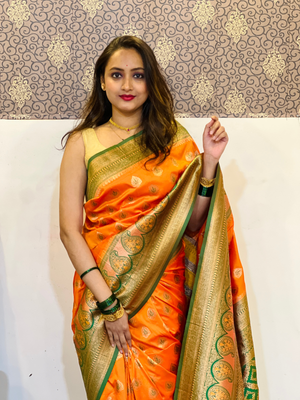Rajwada Orange Woven Design Soft Silk Saree With Unstitched Blouse For Women