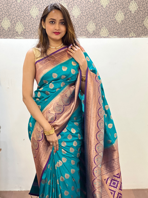 Rajwada Sea Green Woven Design Soft Silk Saree With Unstitched Blouse For Women