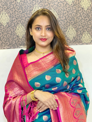 Rajwada Teal Woven Design Soft Silk Saree With Unstitched Blouse For Women