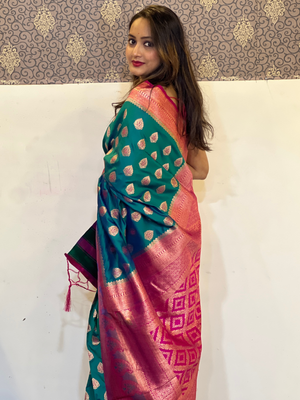 Rajwada Teal Woven Design Soft Silk Saree With Unstitched Blouse For Women