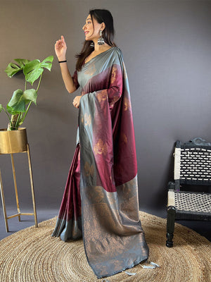 Rajwada Maroon Woven Design Soft Silk Saree With Unstitched Blouse For Women