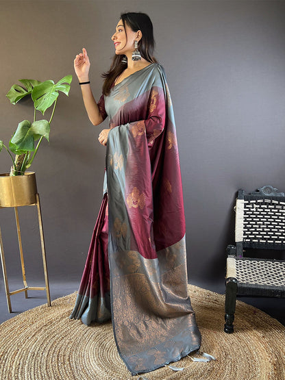Rajwada Maroon Woven Design Soft Silk Saree With Unstitched Blouse For Women