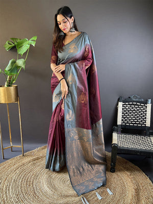 Rajwada Maroon Woven Design Soft Silk Saree With Unstitched Blouse For Women