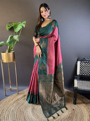 Rajwada Pink Woven Design Soft Silk Saree With Unstitched Blouse For Women